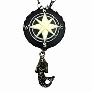 Compass Rose Cameo Necklace with Mermaid Charm